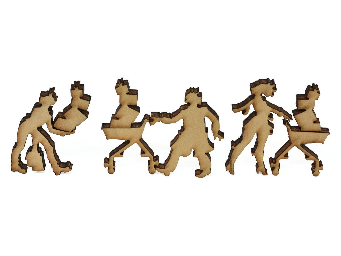 A closeup of pieces showing people shopping.