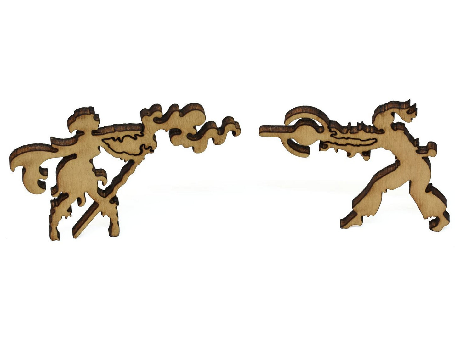 A closeup of pieces showing two sorcerers fighting.