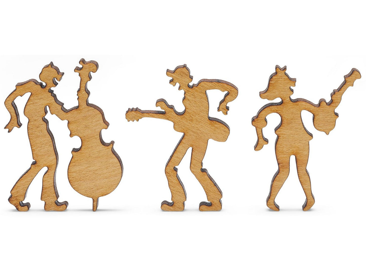 A closeup of pieces shaped like three people playing musical instruments.