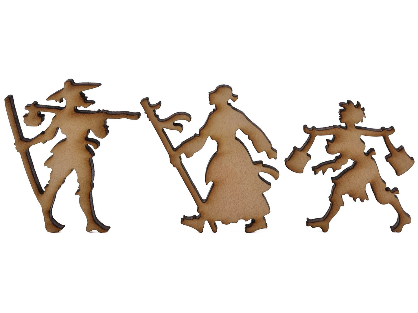 A closeup of pieces shaped like three villagers.