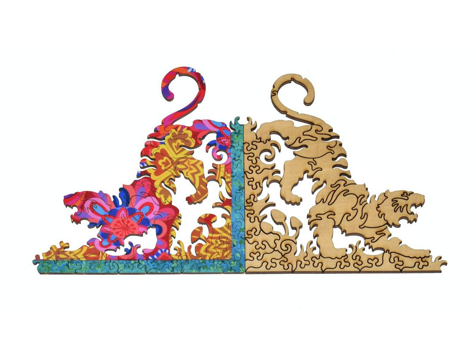 A closeup of pieces showing an alternative solution to the puzzle, Peacock and Pattern.