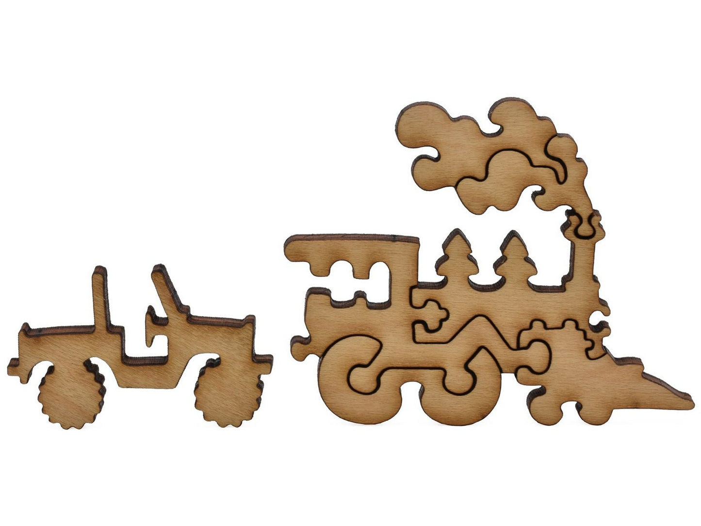 A closeup of pieces showing a train and a jeep.