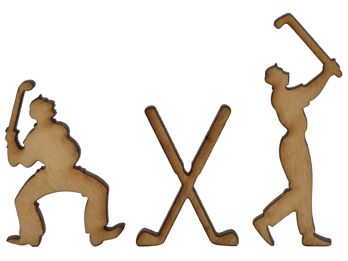 A closeup of pieces showing two people golfing and golf clubs.