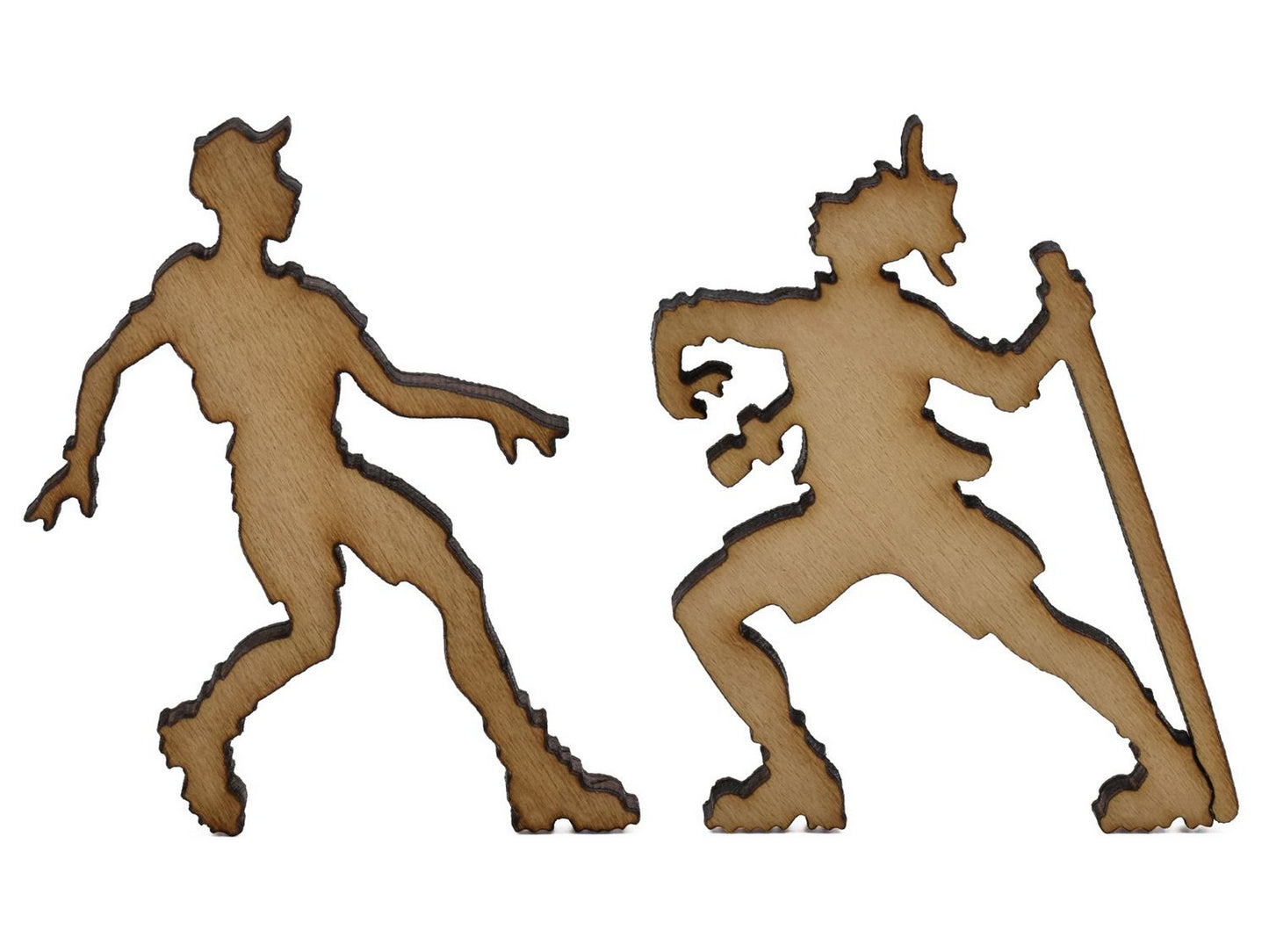 A closeup of pieces shaped like two hikers.