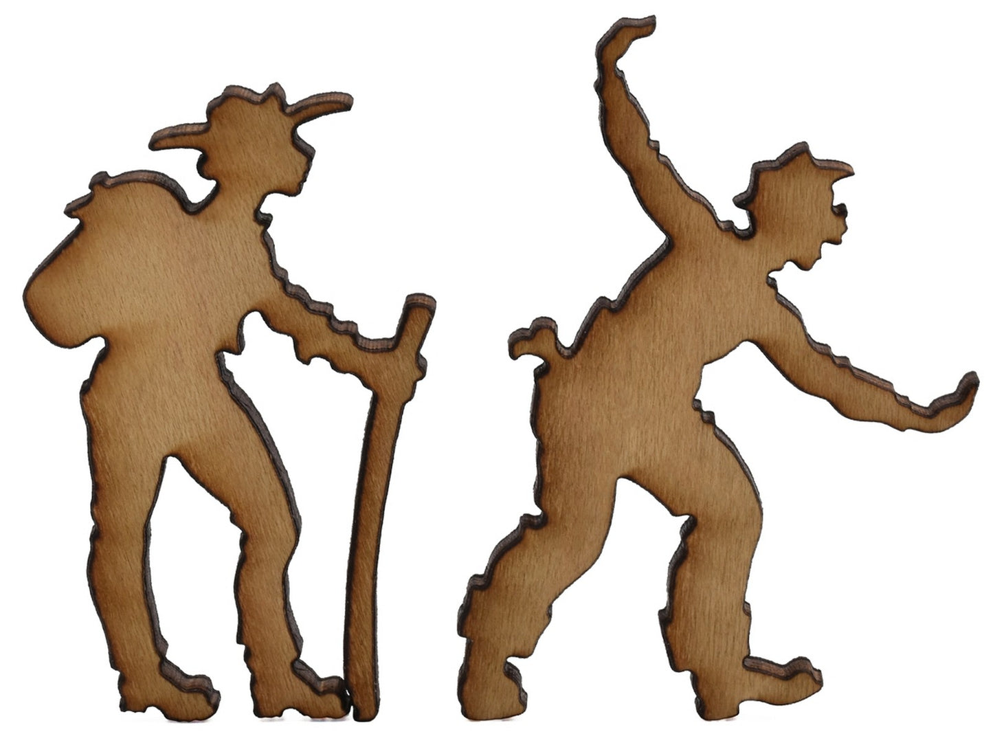 A closeup of pieces shaped like two hikers.