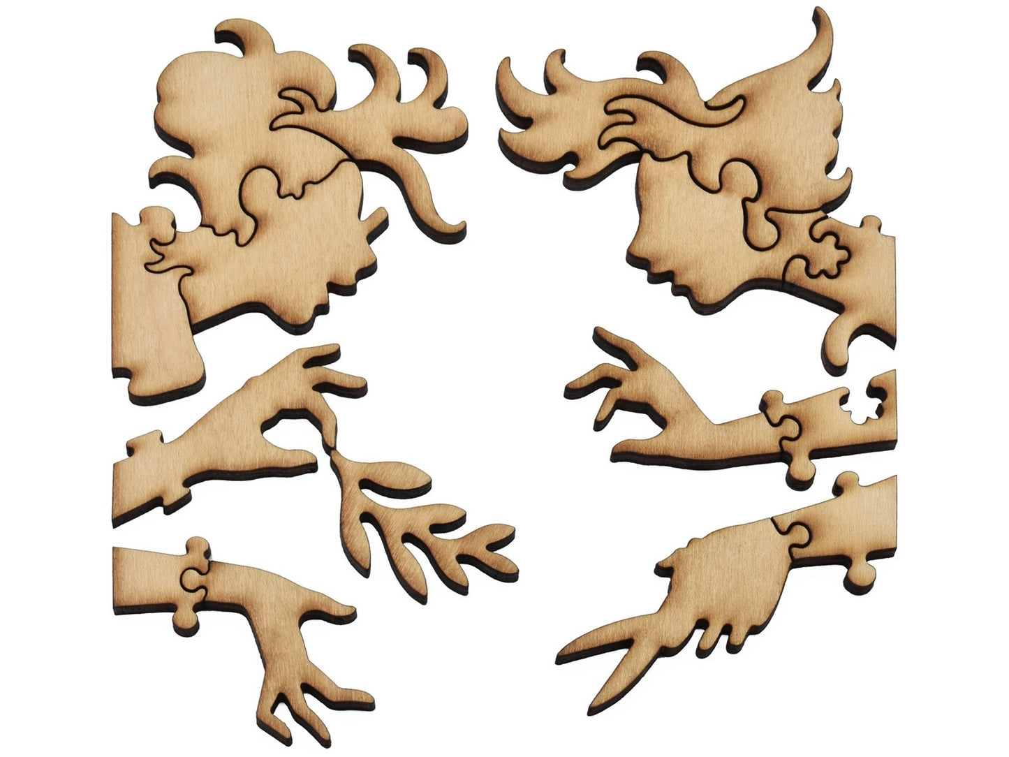 A closeup of pieces shaped like two large gardeners.