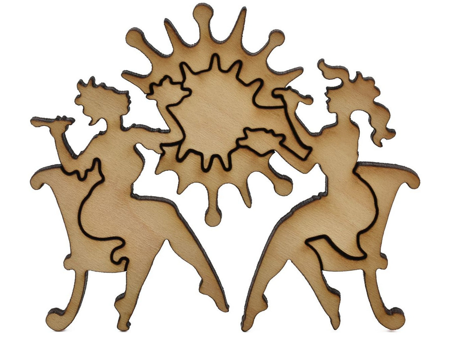 A closeup of pieces shaped like two people sitting in chairs eating.