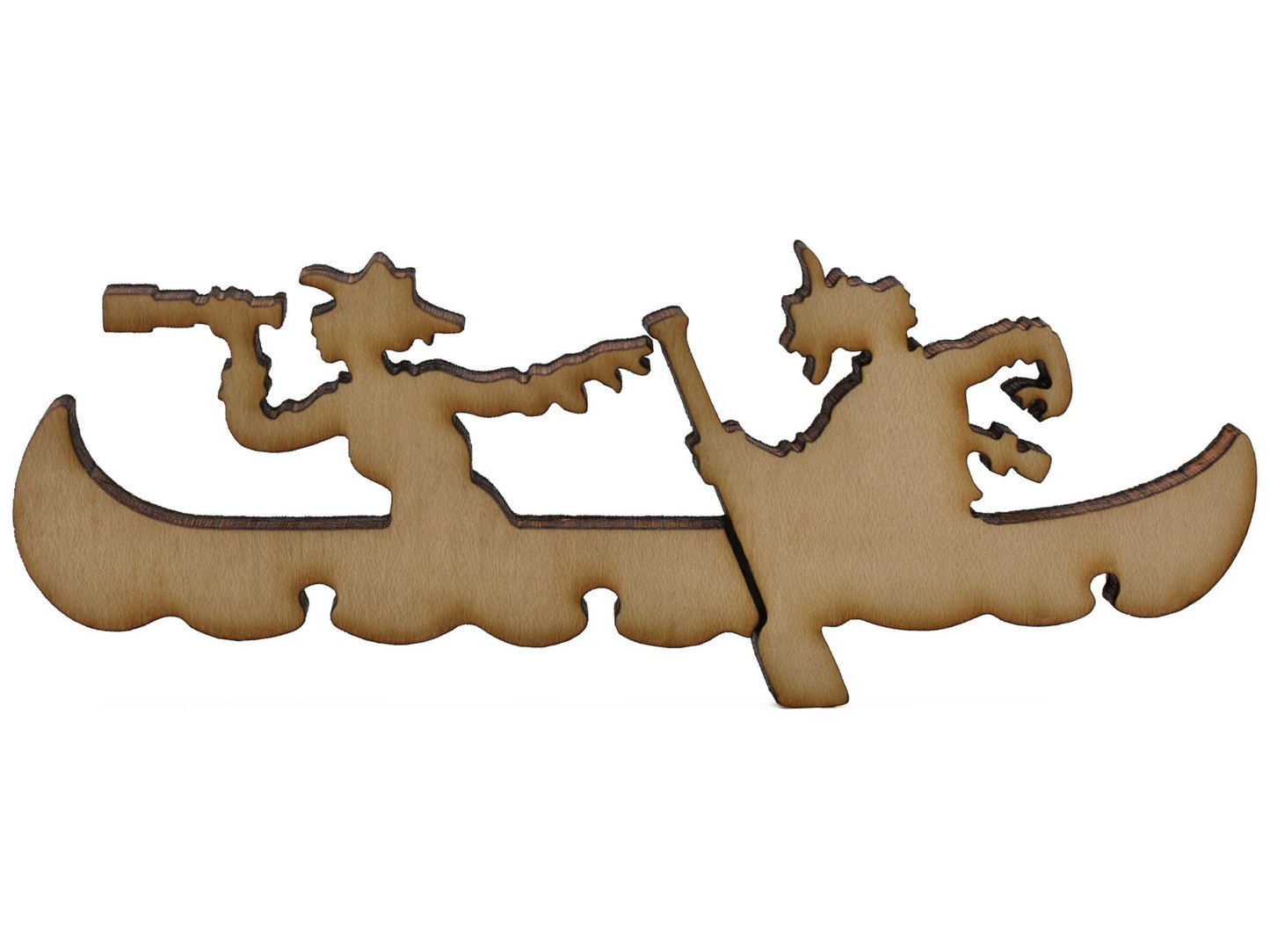 A closeup of pieces shaped like two people in a canoe.