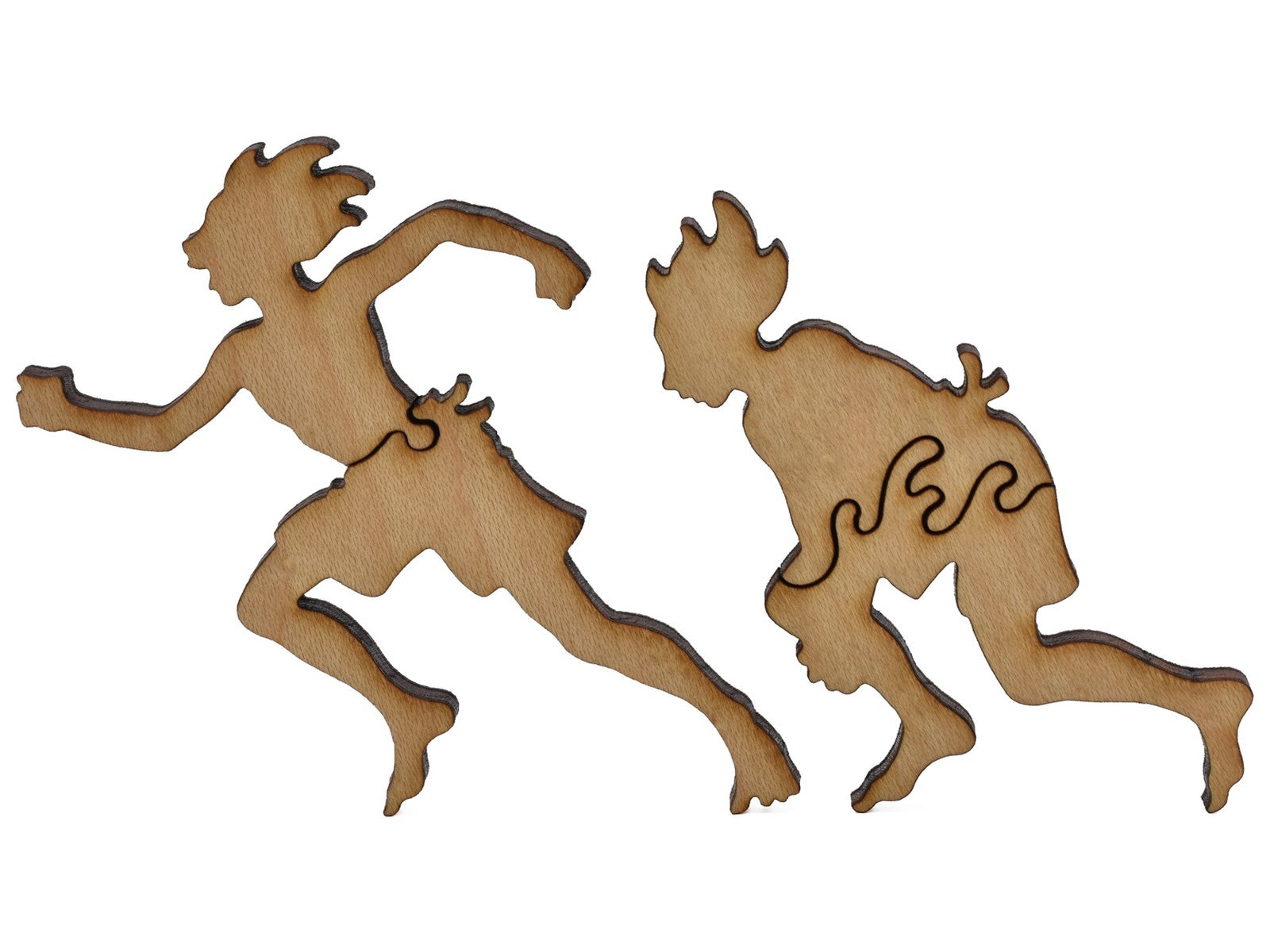 A closeup of pieces shaped like two large swimmers.