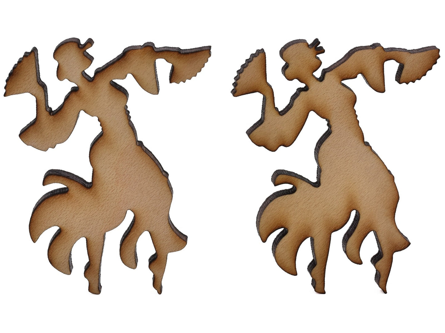 A closeup of pieces shaped like two women dancing with fans.