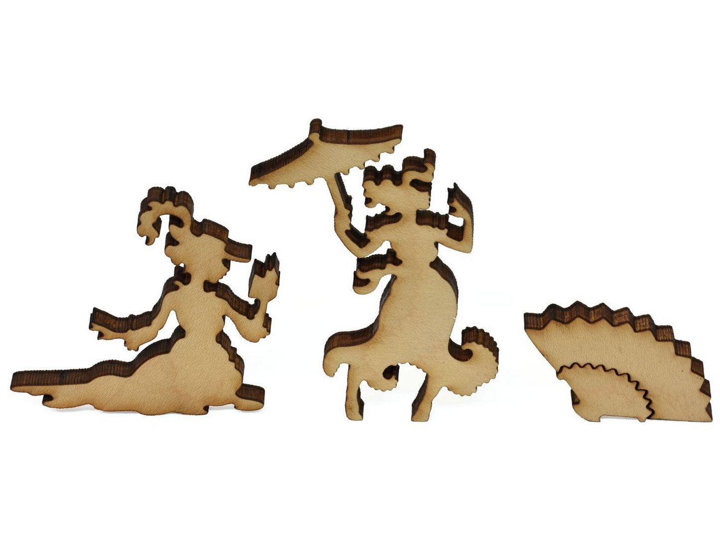 A closeup of pieces showing women with a fan.