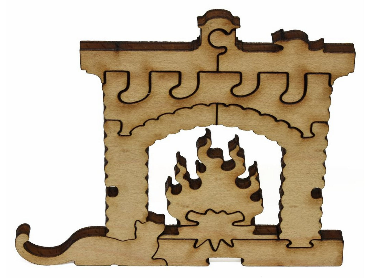A closeup of pieces showing a cat laying next to a fireplace.