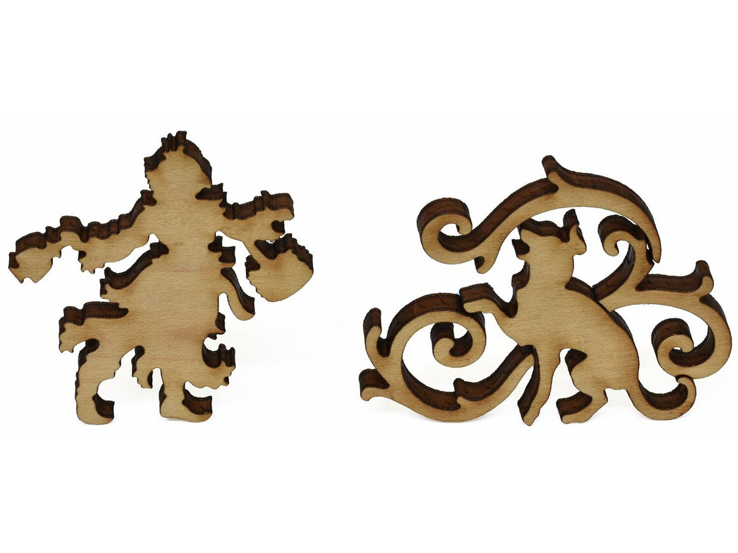 A closeup of pieces showing a woman and a dog.