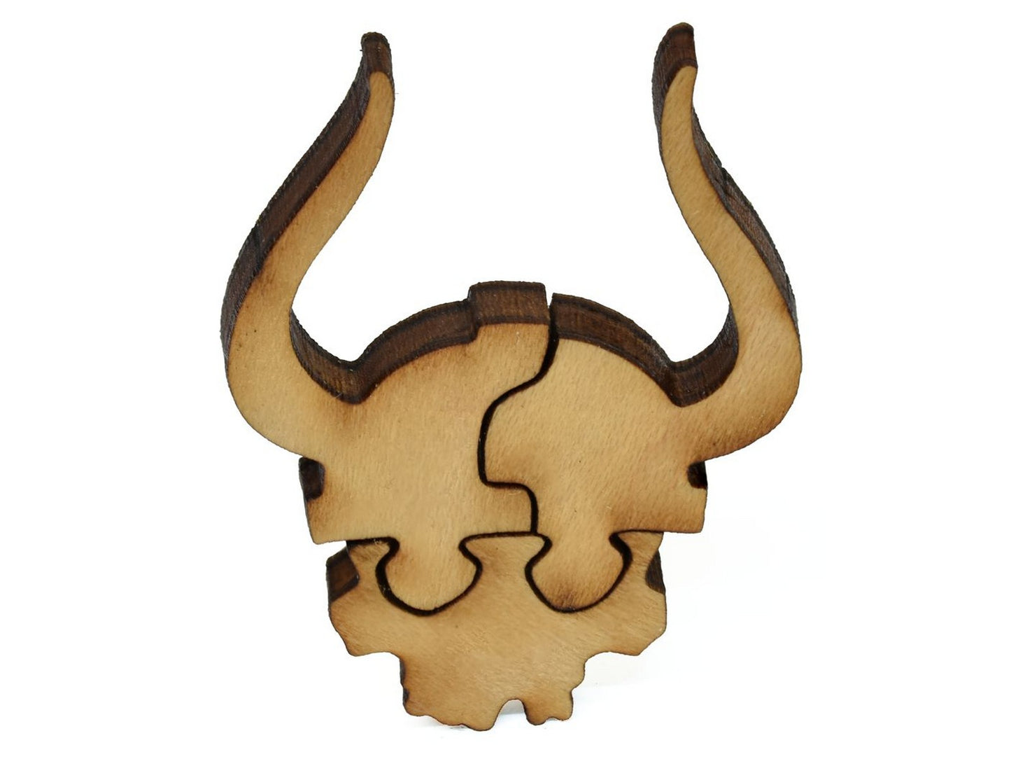 A closeup of pieces showing a skull wearing a Viking helmet.