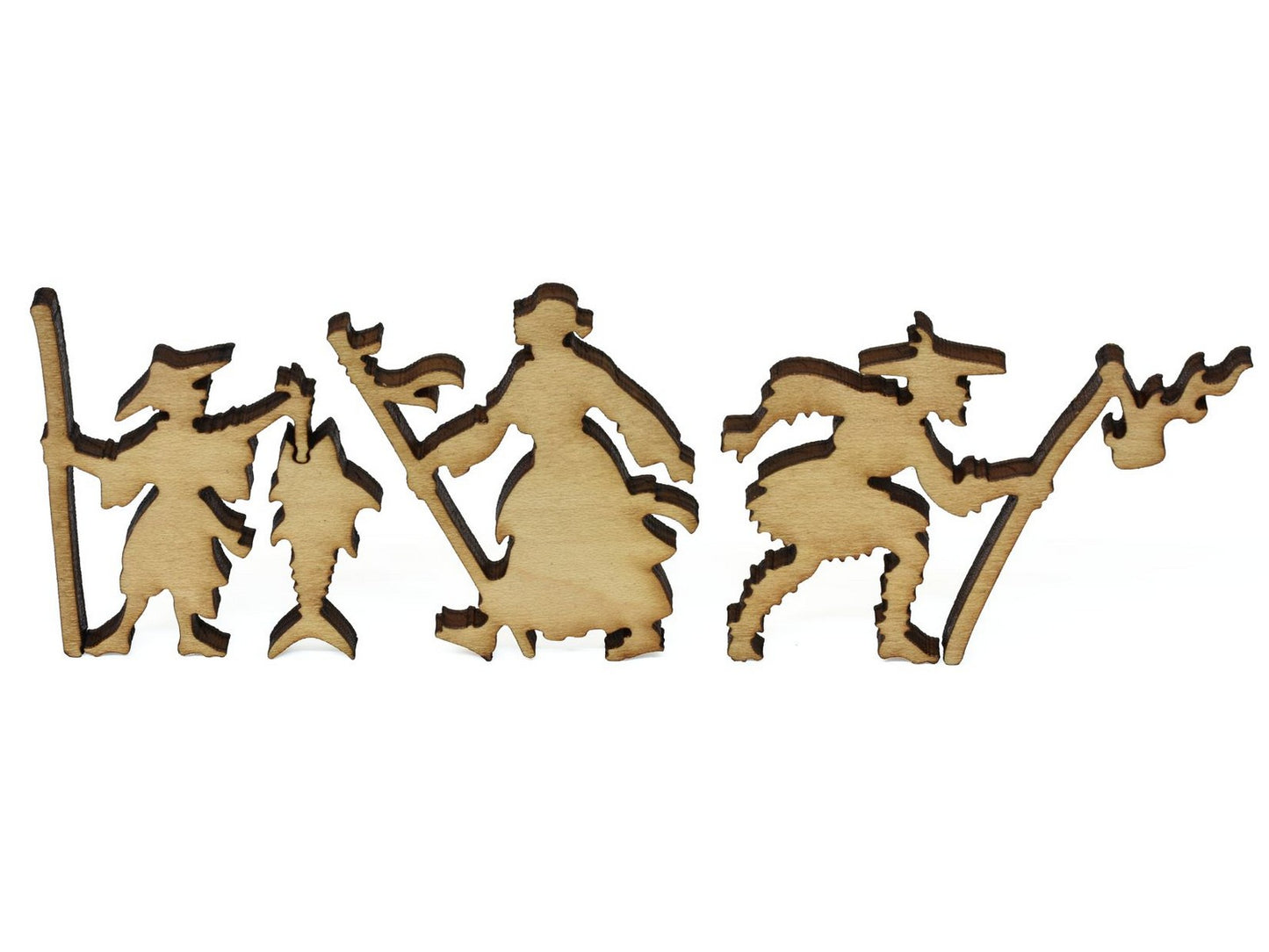 A closeup of pieces showing a fisherman and two men walking with staves.