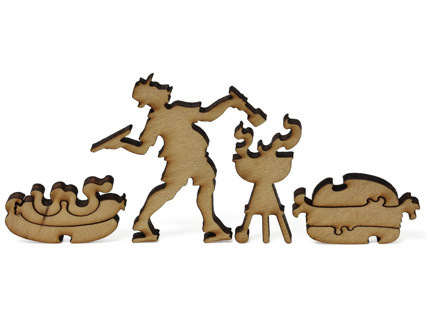 A closeup of whimsies that show a man with a bar-b-que, hot dog, and hamburger from Vogue Americana Number.