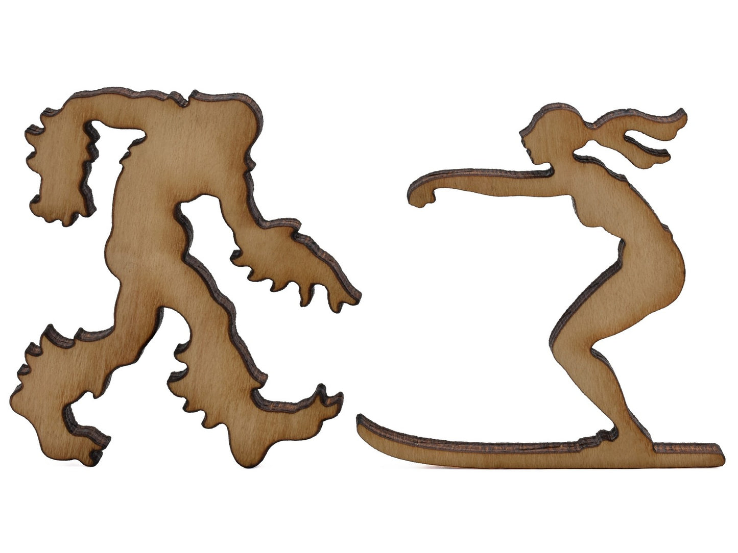 A closeup of pieces shaped like a water skier and a yeti.