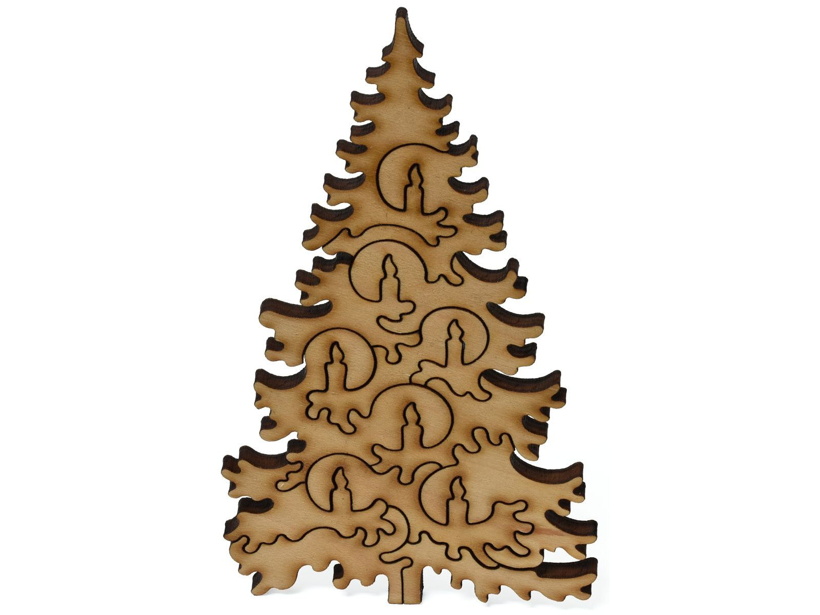 A closeup of pieces showing a multi-piece Christmas tree.