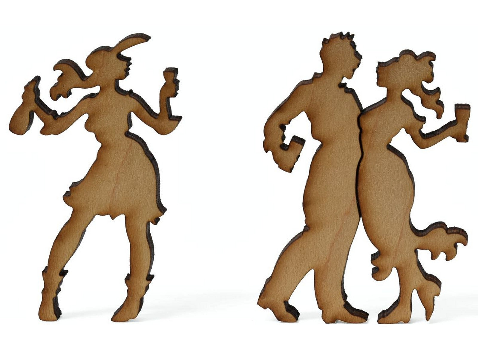 A closeup of pieces showing a couple and woman drinking wine.