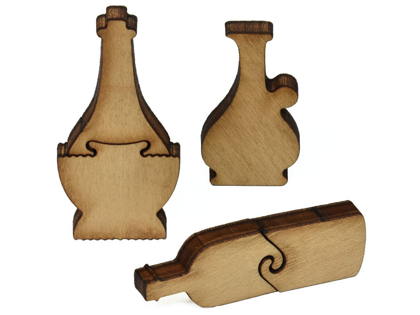 A closeup of pieces showing three wine bottles.