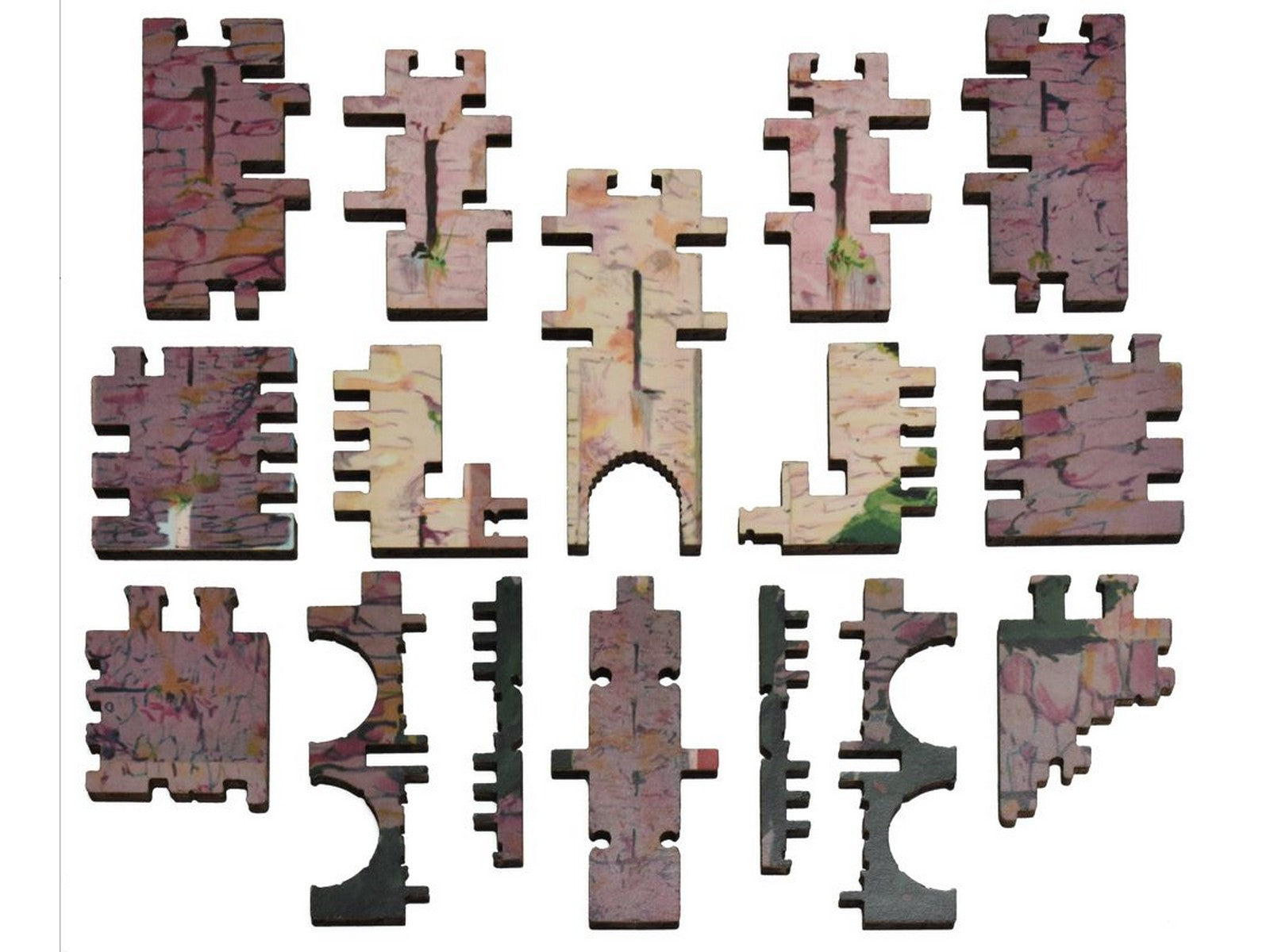 The pieces that when put together make a 3D version of Wisby Castle.