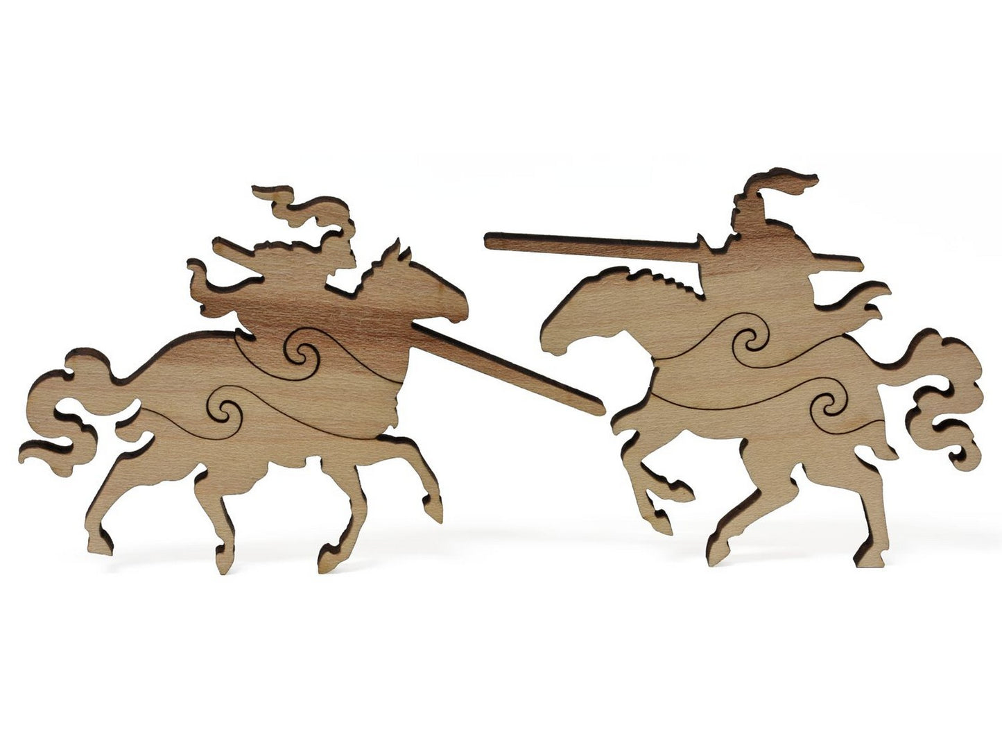 A closeup photo of two knights jousting.