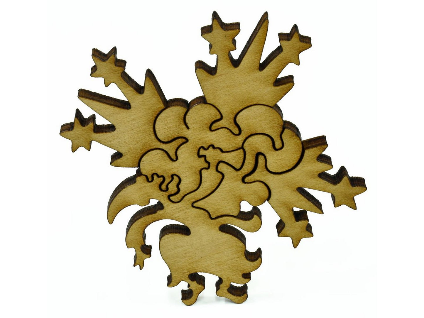 A closeup of pieces shaped like a wizard with a horn.