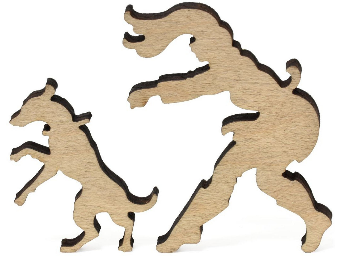 A closeup of pieces showing a woman holding her dog by a leash.