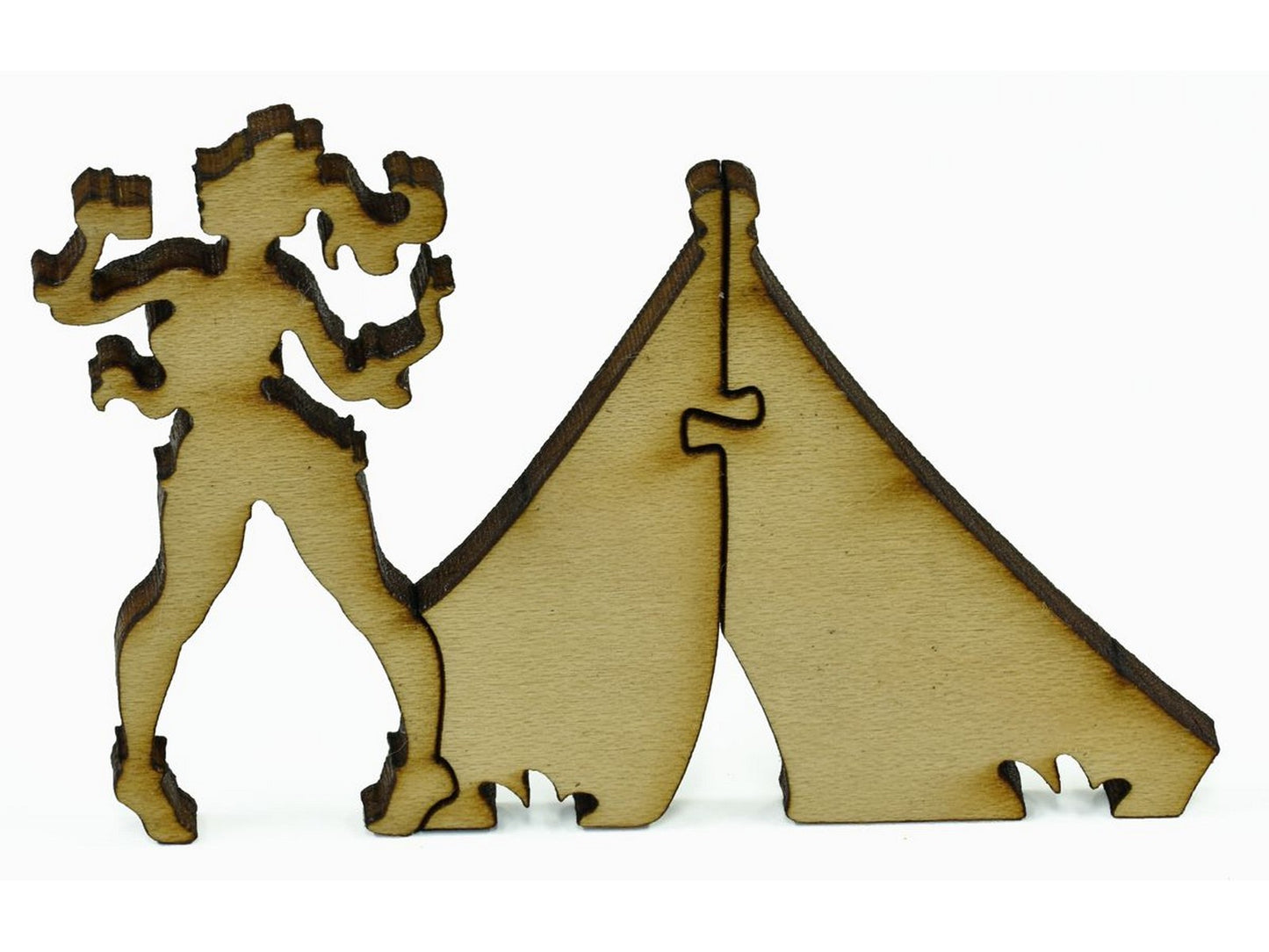 A closeup of pieces in the shape of a person camping.