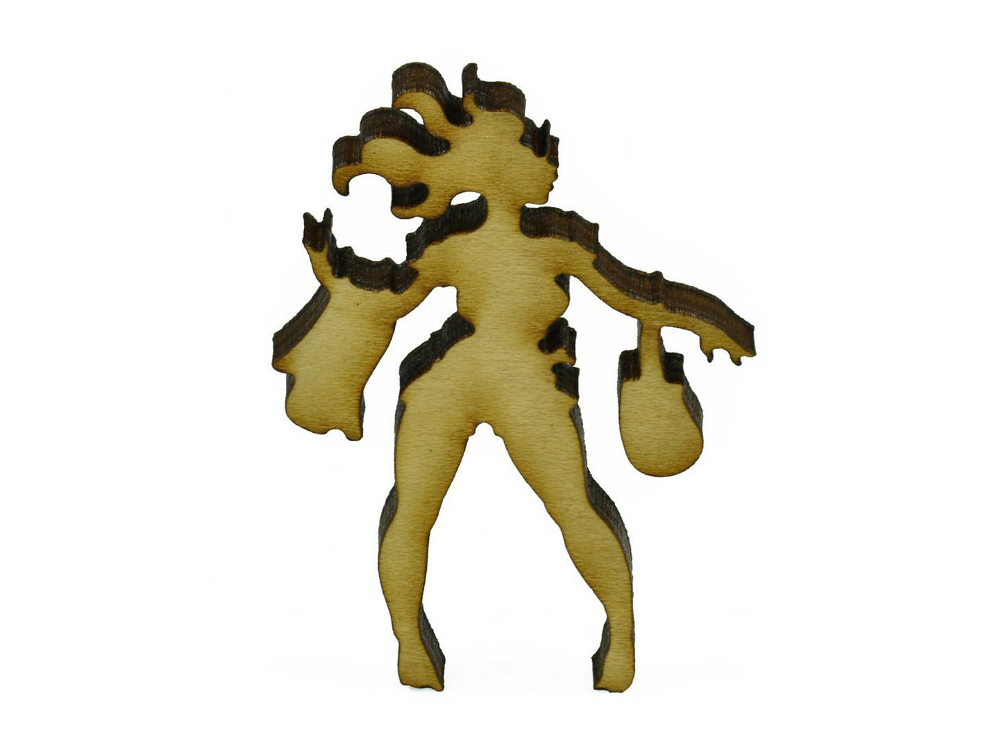 A closeup of pieces in the shape of a woman.