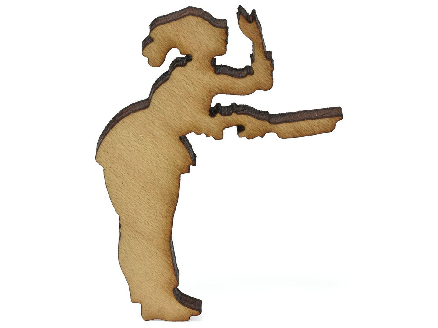A closeup of a piece showing a person holding a skillet.