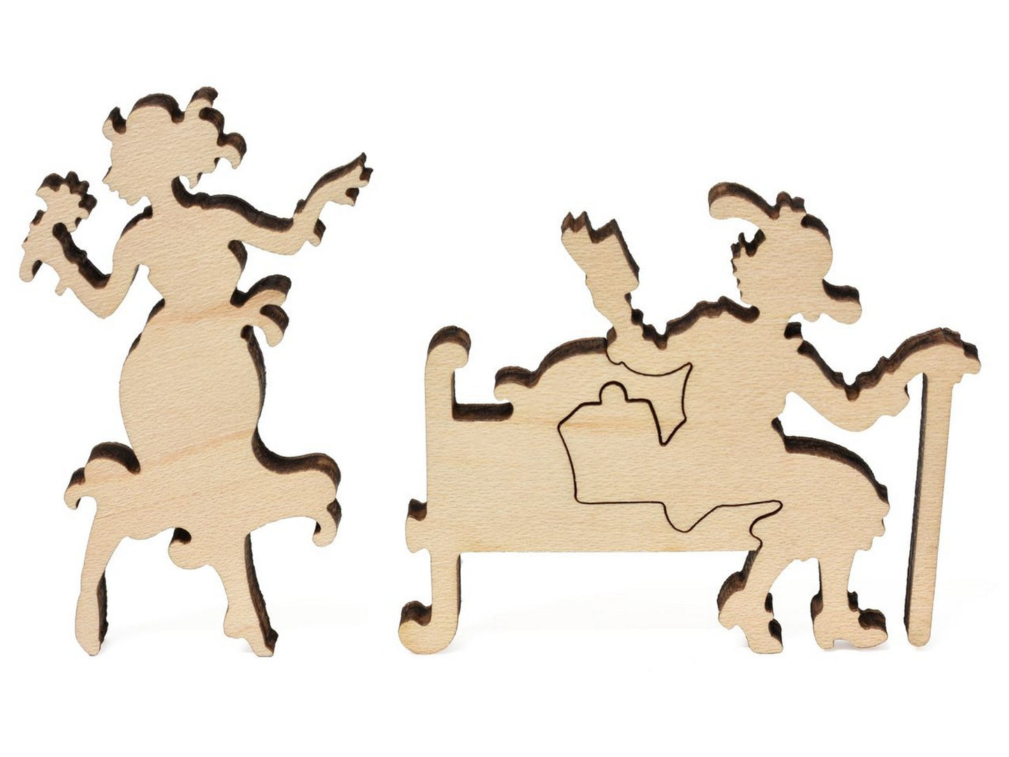 A closeup of pieces that show a woman on a bench reading a book and a woman standing from the puzzle, Poppy.