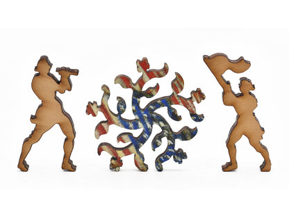 A closeup of pieces in the shape of a person waving a flag and flowering vines,