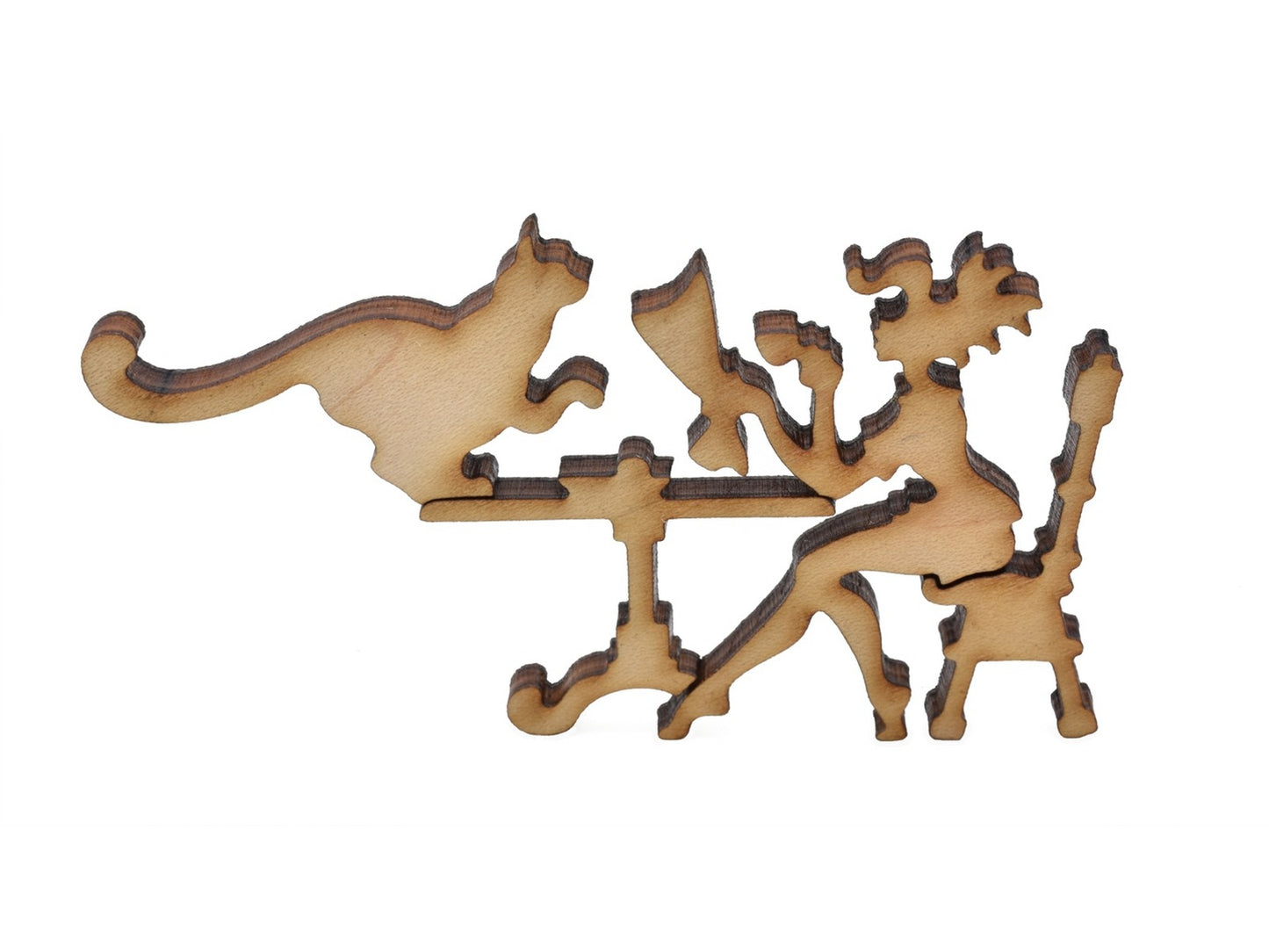 A closeup of pieces in the shape of a woman and a cat sitting at a table.