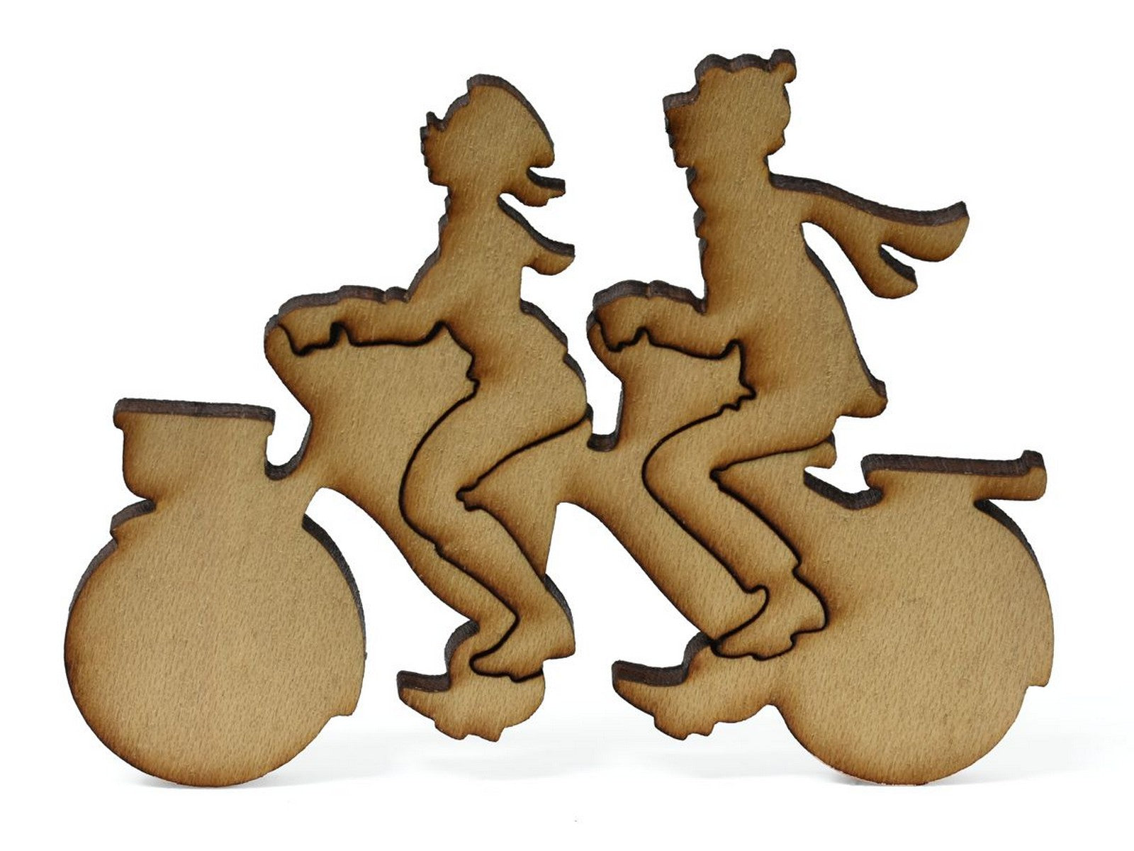 A closeup of pieces showing two people riding a tandem bicycle.