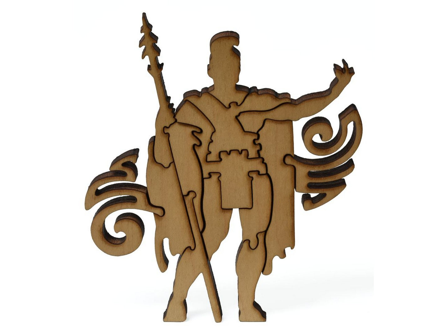 A closeup of pieces showing a multipiece person holding a spear.