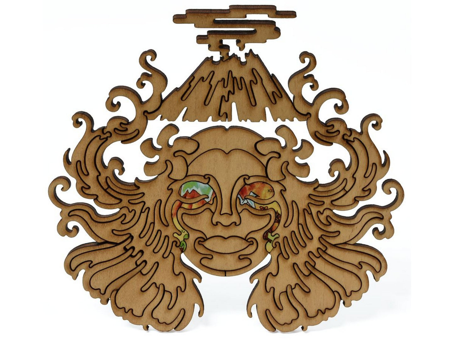 A closeup of pieces showing a volcano with a woman's head.