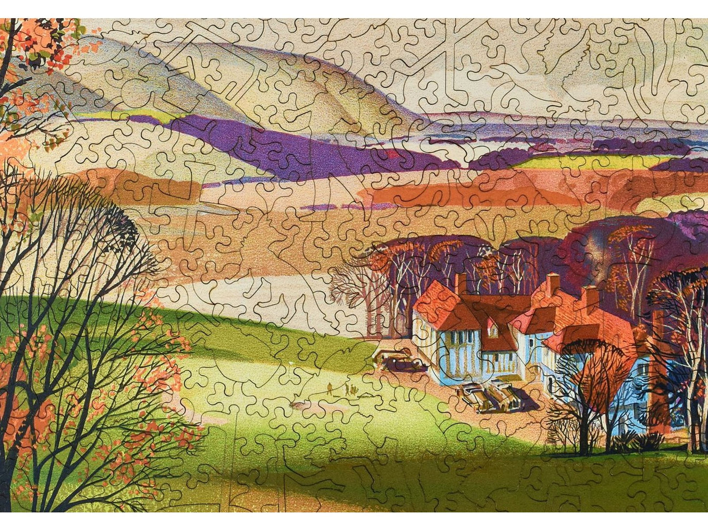 A closeup of the front of the puzzle, A Good Walk Spoiled, showing the detail in the pieces.
