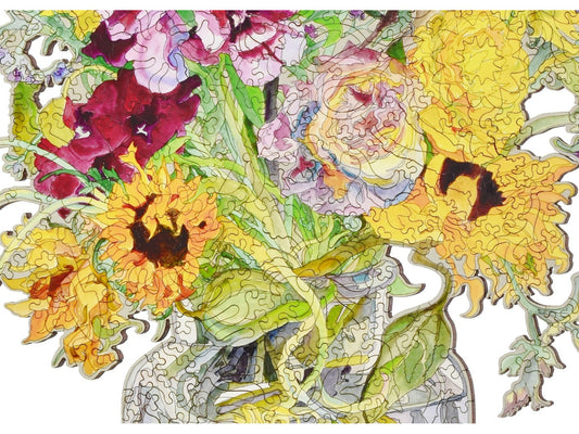 A closeup of the front of the puzzle, English Bouquet, showing the detail in the pieces.