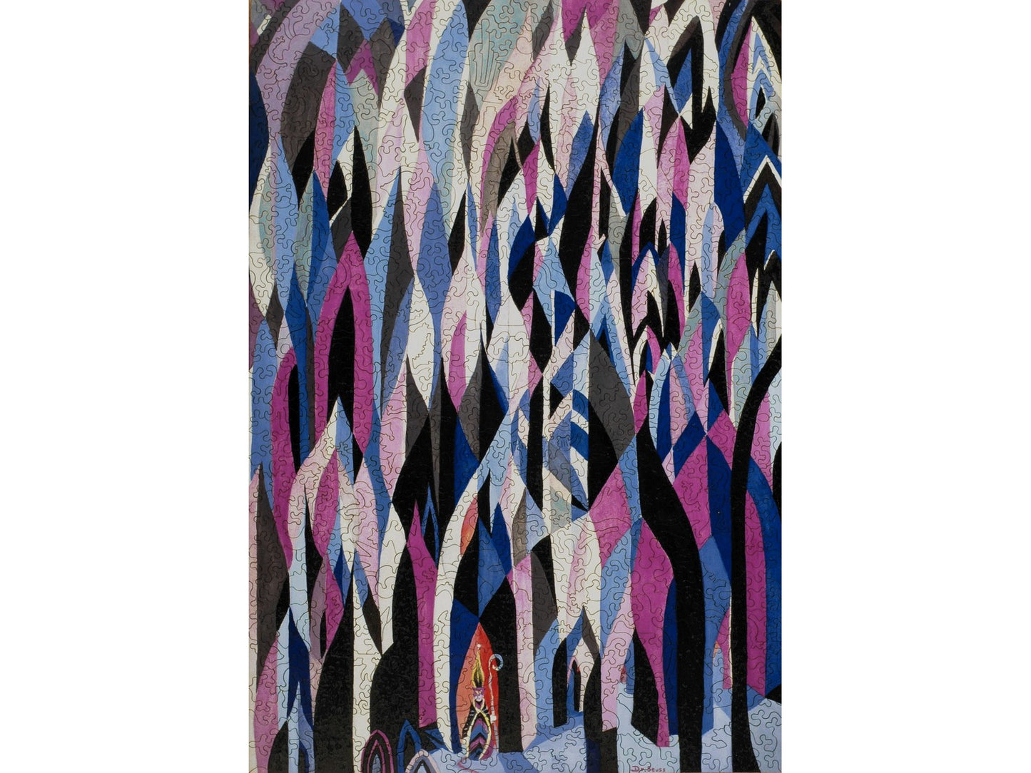 The front of the puzzle, Archbishop Katz, which shows a small cat in clerical clothes surrounded by abstract shapes in blue and purple.