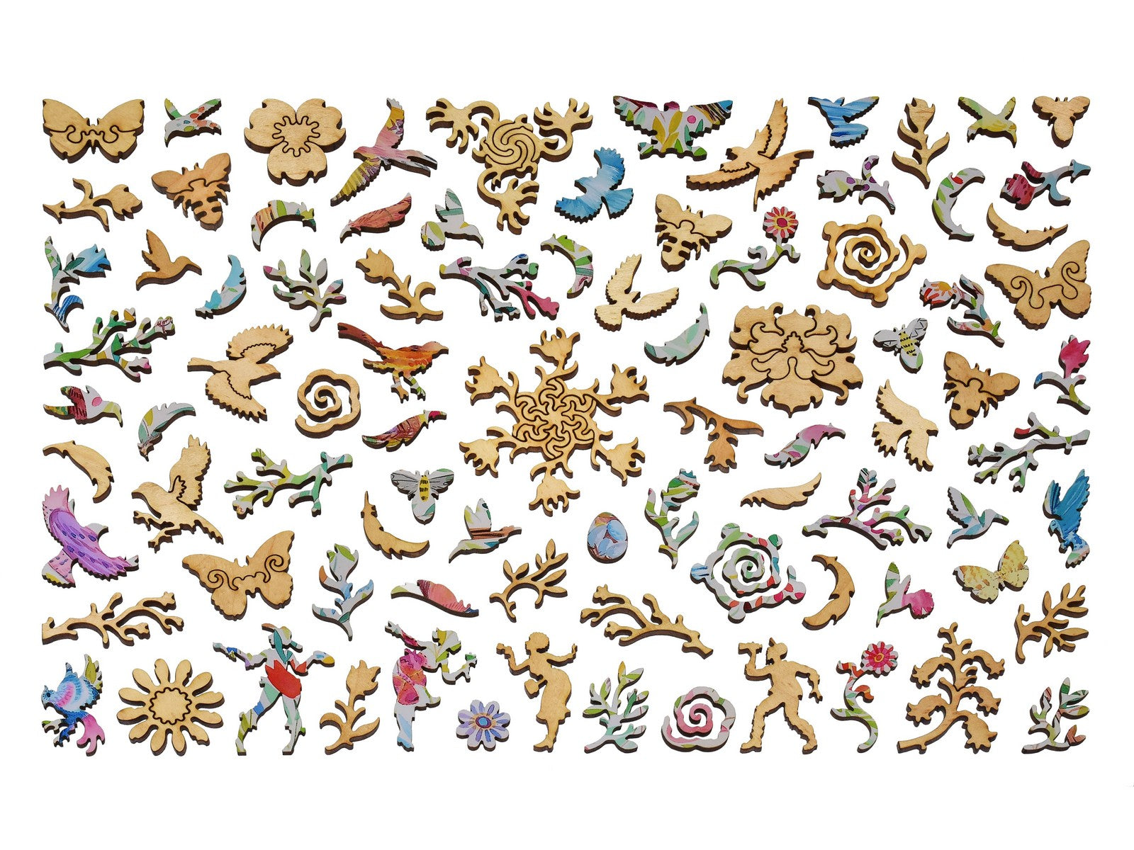 The whimsy pieces that can be found in the puzzle, Birds, Flowers and Eggs.