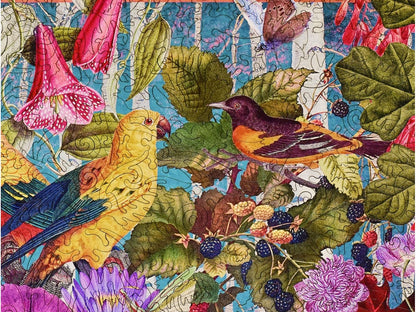A closeup of the front of the puzzle, Love Birds - Birds of Paradise, showing the detail in the pieces.