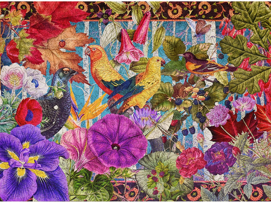 The front of the puzzle, Love Birds - Birds of Paradise, showing colorful birds and flowers.