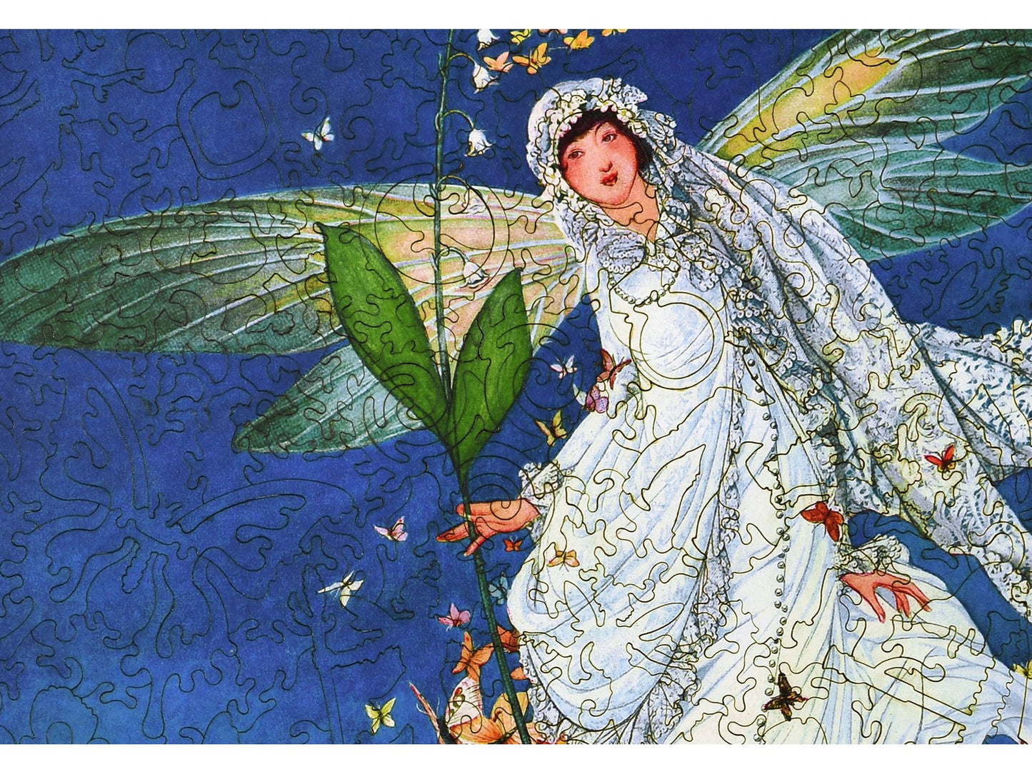 A closeup of the front of the puzzle, Vogue: The Bride's Many Suggestions, showing the detail in the pieces.