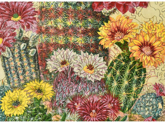 A closeup of the front of the puzzle, Cactus Flowers, showing the detail in the pieces.