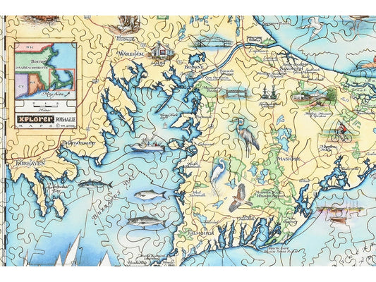 A closeup of the front of the puzzle, Cape Cod Xplorer Map, showing the detail in the pieces.
