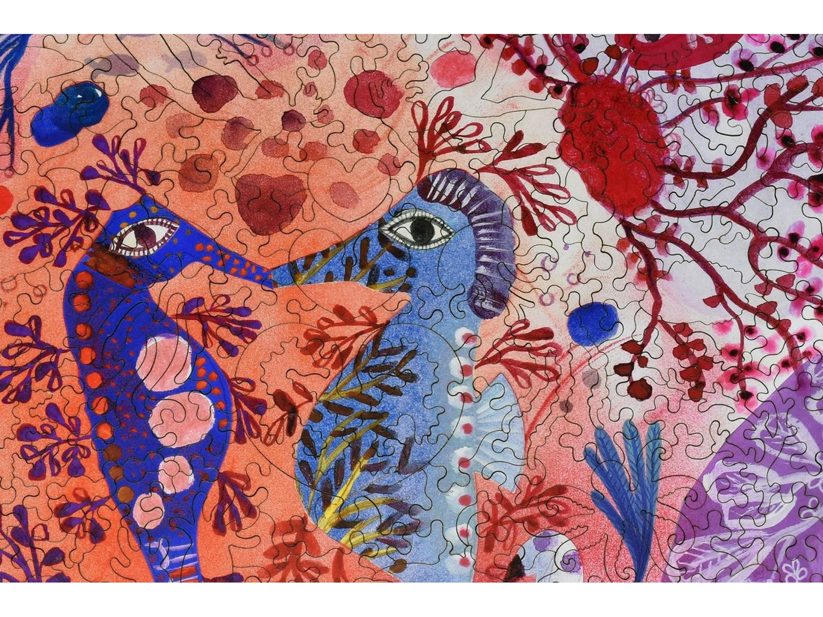 A closeup of the front of the puzzle, Courtship, showing the detail in the pieces.