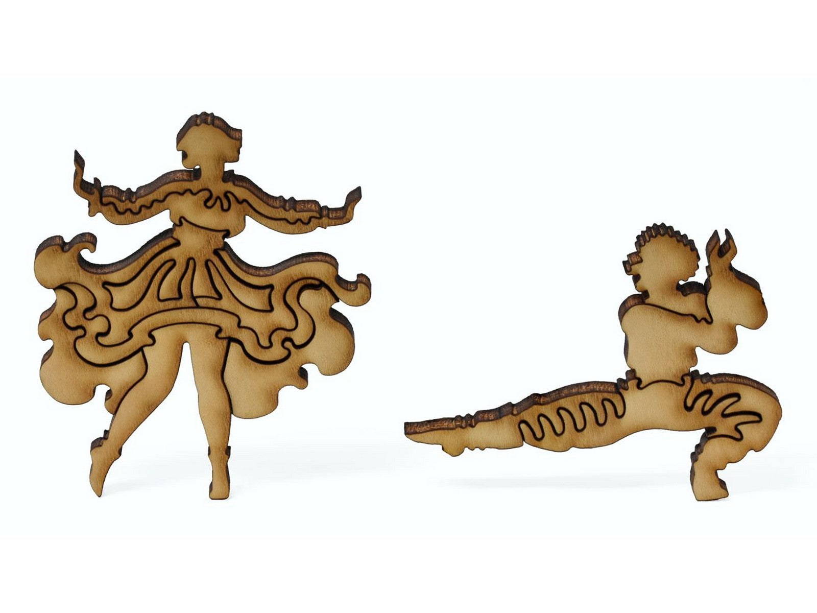A closeup of pieces showing two Russian dancers.