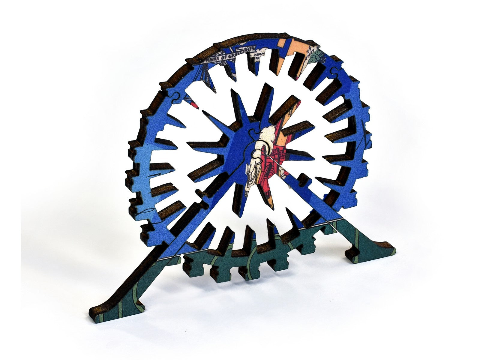 A closeup of pieces in the shape of a ferris wheel.