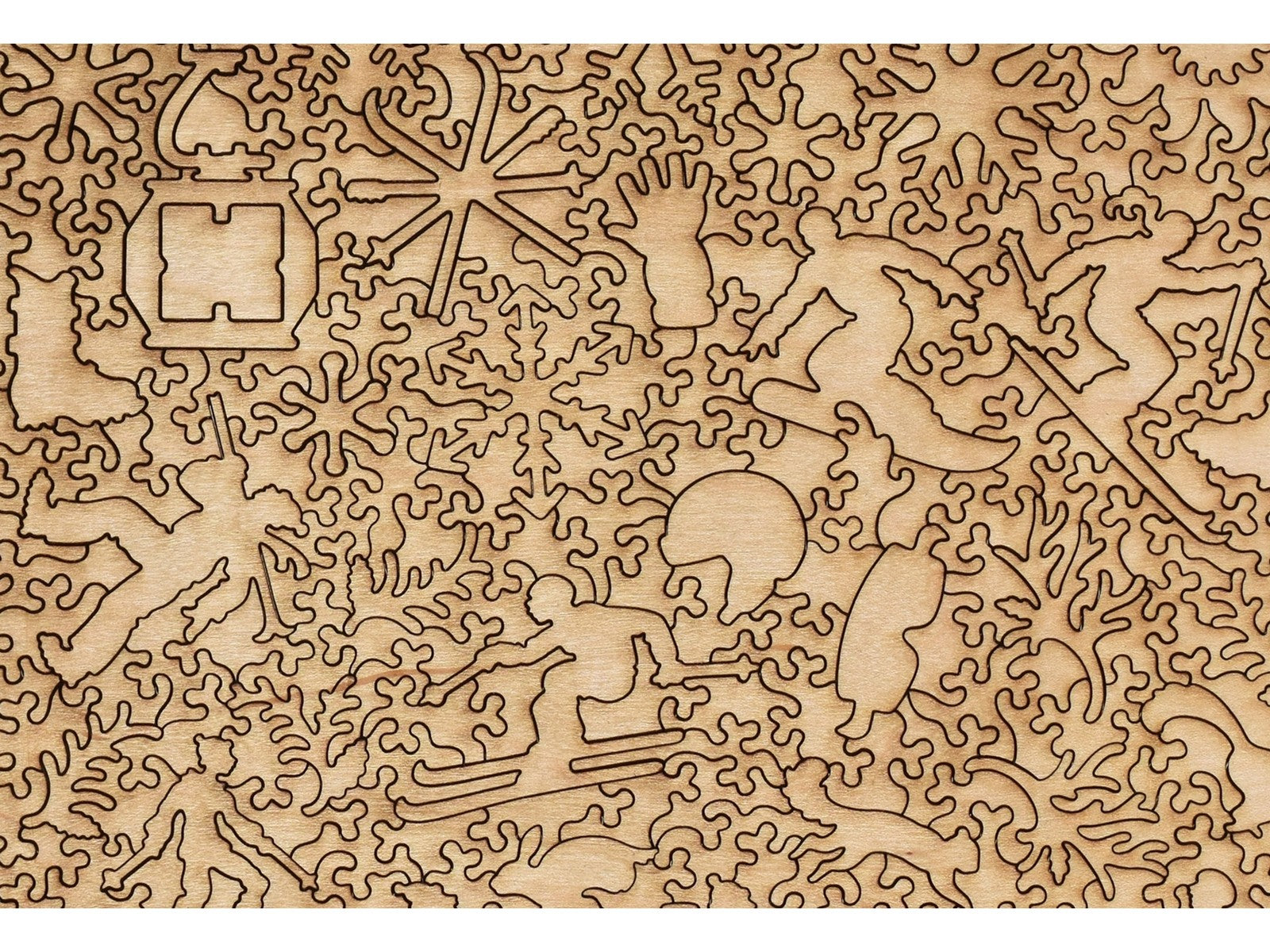 A closeup of the back of the puzzle, First Tracks, showing the detail in the pieces.